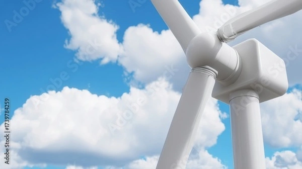 Fototapeta Close-up of a wind turbine tower with smooth white surface and detailed support structure against blue sky with clouds,