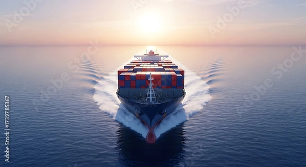 Fototapeta A large cargo ship sails across the ocean at sunset, symbolizing global trade and logistics