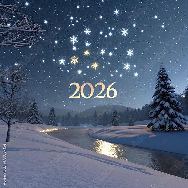 Obraz winter lake in the forest with written "2026"