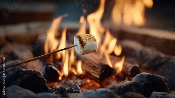 Fototapeta A close-up, low-angle shot of a marshmallow on a stick being toasted over a bright, blazing campfire, which is surrounded by rocks.