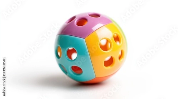 Fototapeta A colorful, perforated plastic ball designed for play, featuring various vibrant sections that enhance visual and tactile engagement.
