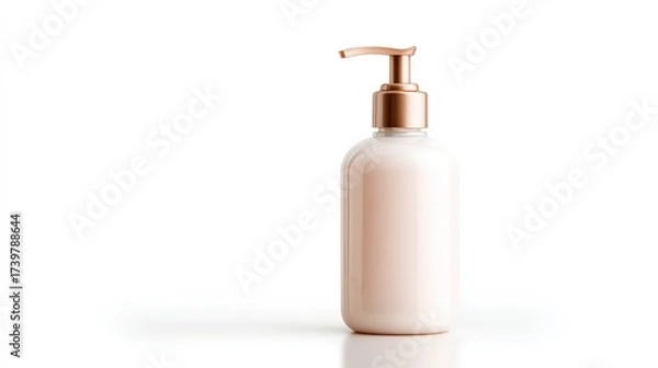 Fototapeta A sleek, modern pump bottle filled with creamy lotion, featuring a stylish golden cap, set against a minimalistic white background.