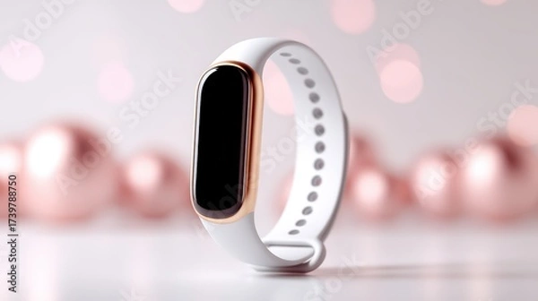 Fototapeta A sleek white fitness tracker with a gold accent, set against a soft, blurred pink background, highlighting its modern design.