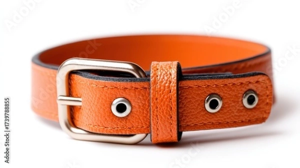 Fototapeta A vibrant orange leather belt with a metallic buckle, showcasing a textured finish and a minimalist design.