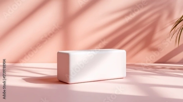 Fototapeta A minimalist white object rests on a pink surface, casting soft shadows with a hint of greenery in the background.