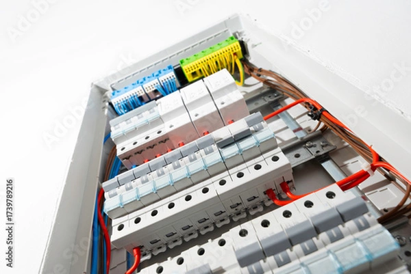 Fototapeta Electrical panel with multiple automatic circuit breakers and connected wires, modern power distribution system in residential building.