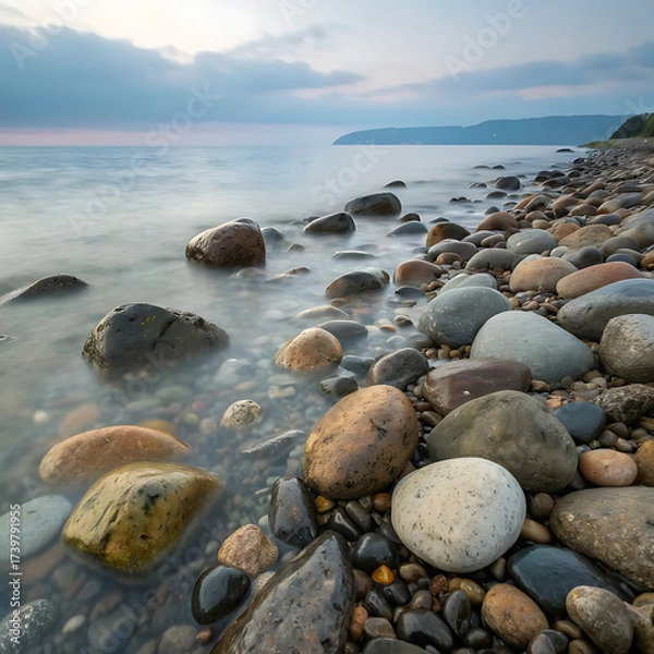 Obraz  beach in the winter morning with full of stones