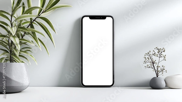 Obraz Minimalist isolated smartphone with blank white screen, modern technology mockup, clean design.