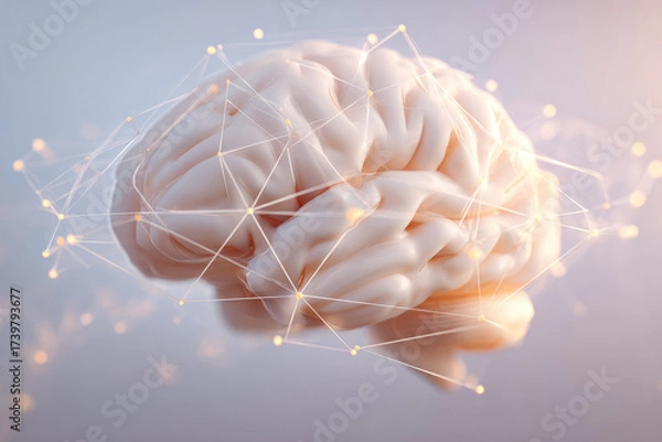 Fototapeta Human brain with abstract neural network connection soft lighting artificial intelligence concept futuristic science technology innovation creativity digital medical research