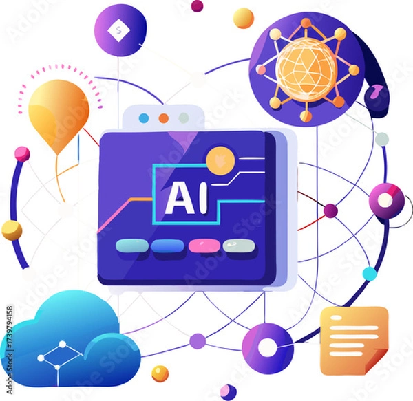 Obraz artificial Intelligence landing page. Website template for ai machine deep learning technology sci-fi concept.