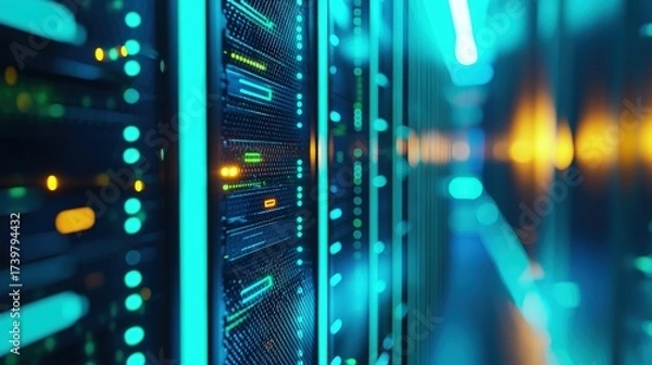 Fototapeta Close-up of futuristic server racks with glowing neon blue and orange LED lights in modern data center, ideal for AI technology, IT infrastructure, cloud systems, and cybersecurity visuals