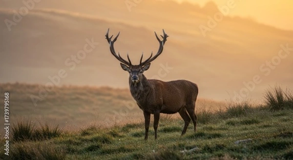 Fototapeta Graceful deer standing in forest clearing, symbol of wildlife, nature, and serenity, often associated with antlers, wilderness, and rural landscapes.