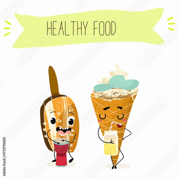 Obraz Tasty ice creams, ice-cream cones and popsicle, funny characters, hand drawn vector illustration.