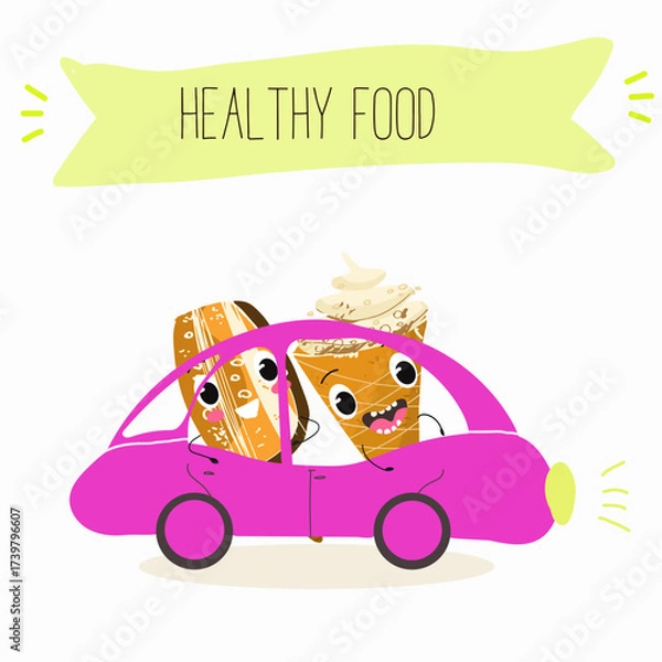 Obraz Tasty ice creams, ice-cream cones and popsicle, funny characters, hand drawn vector illustration.