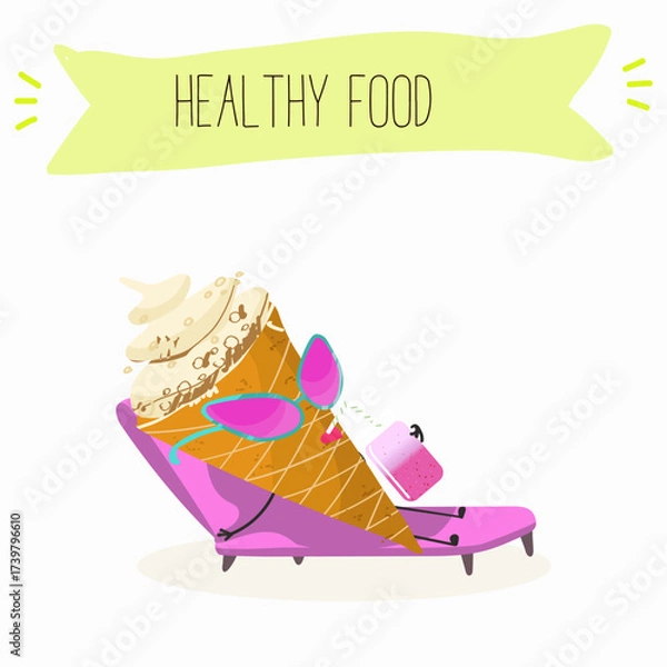 Obraz Tasty ice creams, ice-cream cones and popsicle, funny characters, hand drawn vector illustration.