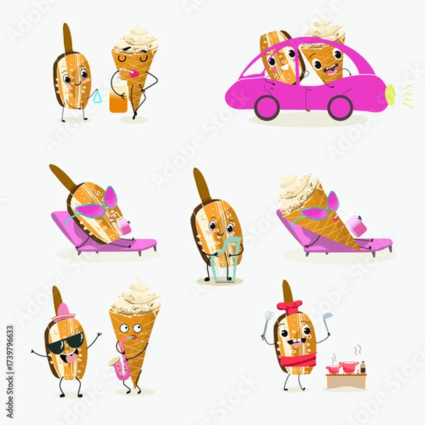 Obraz Tasty ice creams, ice-cream cones and popsicle, funny characters, hand drawn vector illustration.