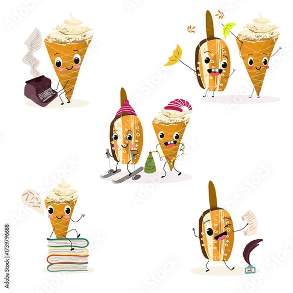 Obraz Tasty ice creams, ice-cream cones and popsicle, funny characters, hand drawn vector illustration.