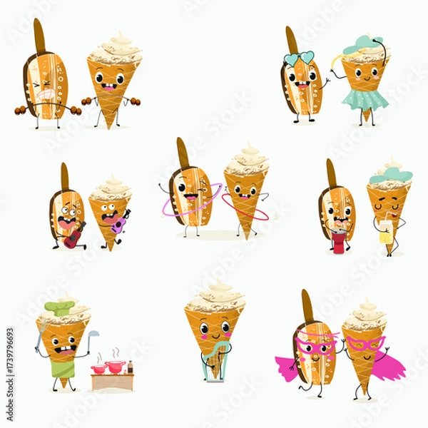 Obraz Tasty ice creams, ice-cream cones and popsicle, funny characters, hand drawn vector illustration.