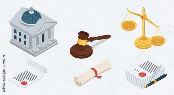 Obraz Isometric law justice legal court gavel scale document building pen illustration concept vector
