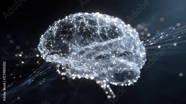 Fototapeta Abstract representation of a neural network with glowing particles and strands illustrating brain connectivity and intelligence