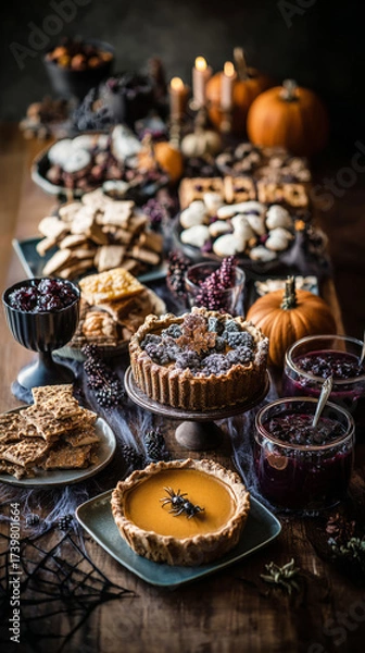 Fototapeta A beautifully arranged spread of Halloween-themed foods, including pies, cookies, and fruit, set on a rustic table adorned with pumpkins and candles for a festive atmosphere