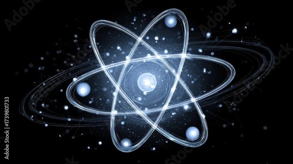 Fototapeta Futuristic Visualization of Atom Structure with Radiant Particles and Energy Waves on Dark Background