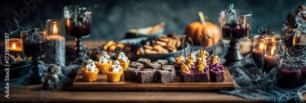 Fototapeta A beautifully arranged spread of Halloween-themed foods, including pies, cookies, and fruit, set on a rustic table adorned with pumpkins and candles for a festive atmosphere, banner