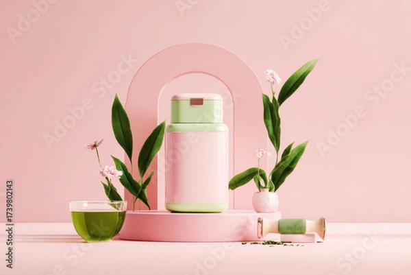 Fototapeta A vibrant skincare bottle stands on a pastel pink surface, surrounded by fresh greenery and a cup of green tea, creating a calming and inviting aesthetic for skincare enthusiasts