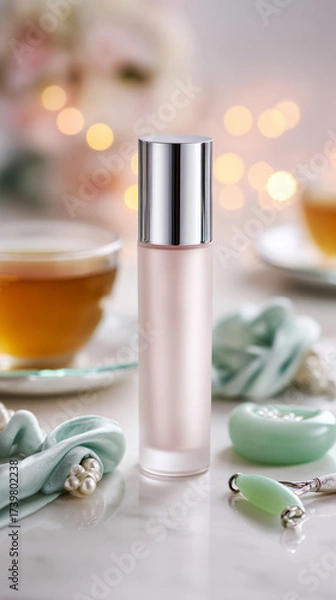 Fototapeta A vibrant skincare bottle stands on a pastel pink surface, surrounded by fresh greenery and a cup of green tea, creating a calming and inviting aesthetic for skincare enthusiasts