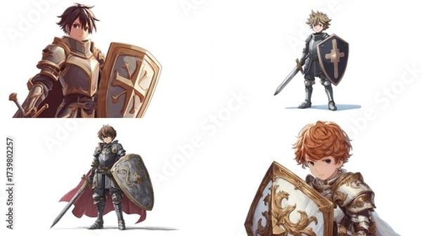 Fototapeta Four anime-style knights, each with a shield and sword, in different poses and armor designs