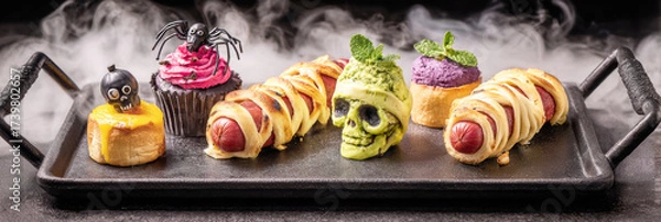 Fototapeta Delicious Halloween-themed appetizers are displayed on a tray, showcasing creative designs like spiders and pumpkins for a festive party atmosphere, banner
