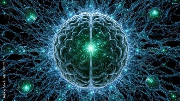 Fototapeta Intricate Neural Network Representation Showcasing Electric Brain Connections and Glowing Energy Pulses in a Dark Background