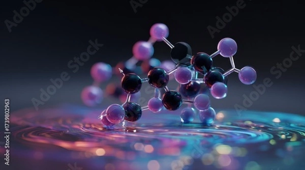 Fototapeta Colorful molecular structure with reflections and light effects in a dark background captures the beauty of scientific exploration