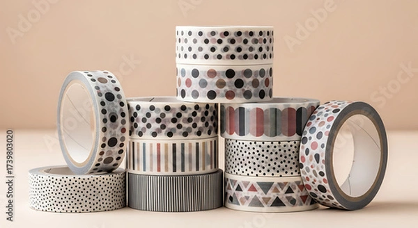 Fototapeta Closeup of a stack of decorative washi tape rolls in various patterns and colors, arranged on a neutral background, showcasing the versatility and aesthetic appeal of these craft supplies for scrapboo