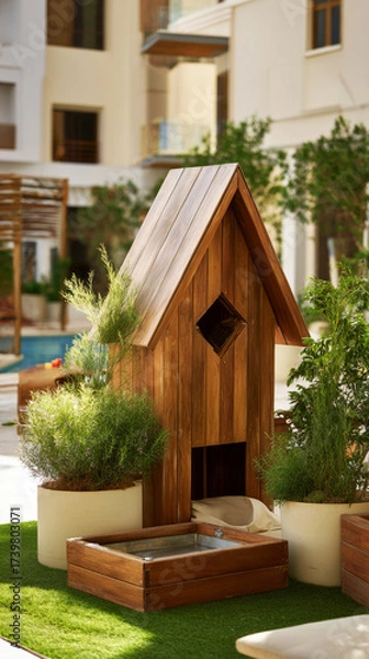 Fototapeta A cheerful children's playroom features a wooden playhouse, soft toys, and a cozy outdoor seating area, surrounded by greenery and enjoying sunny weather. Perfect for playtime and relaxation