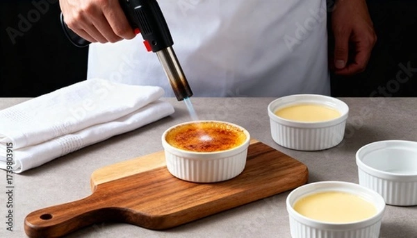 Fototapeta Torch-caramelized crème brûlée in a white ramekin, sugar blistering to a glassy crust under a blue flame—elegant French dessert.
