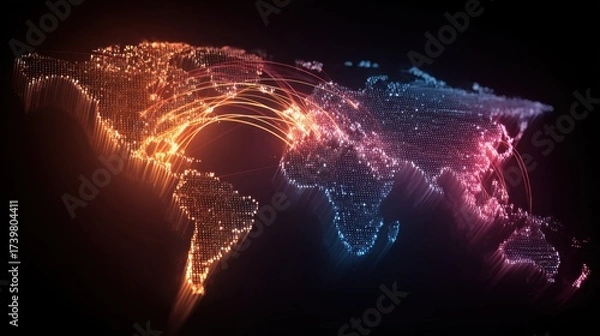 Fototapeta Digital World Map with Colorful Data Connections and Light Trails Representing Global Communication and Technology Flow