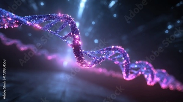 Fototapeta Stunning Visualization of Colorful DNA Helix in Futuristic Space with Glittering Stars and Dynamic Light Effects