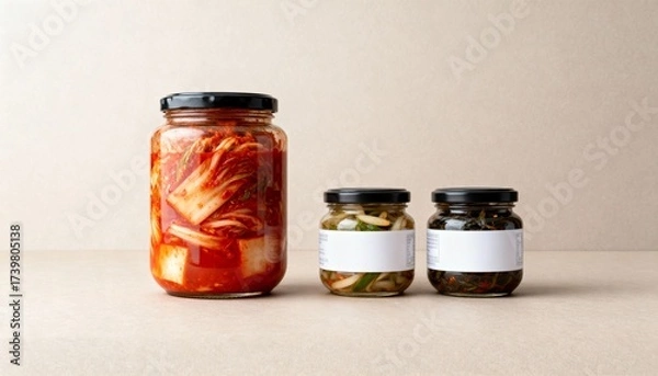 Obraz Assorted Korean banchan in glass jars—spicy napa cabbage kimchi with pickled veg and seaweed—minimal label mockups on a neutral backdrop.
