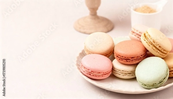 Fototapeta Pastel French macarons on a light backdrop—colorful almond meringue cookies with creamy fillings, styled minimal for a delicate dessert treat.
