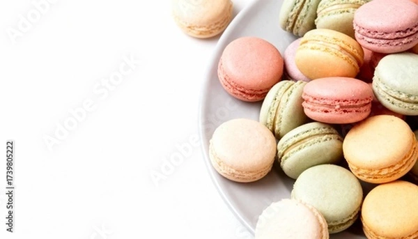 Fototapeta Pastel French macarons on a light backdrop—colorful almond meringue cookies with creamy fillings, styled minimal for a delicate dessert treat.
