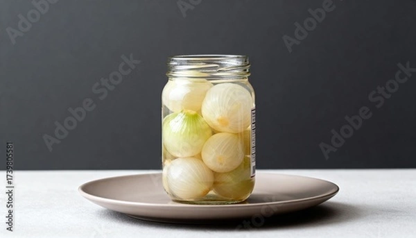 Fototapeta Jar of pickled pearl onions on a neutral plate against a dark backdrop—crisp, tangy garnish for snacks, salads, and Gibson martinis.
