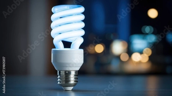 Fototapeta Energizing Spiral Light Bulb Illuminating Modern Space with Glowing Warm Light and Soft Bokeh Background at Night