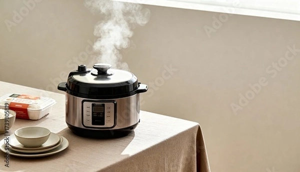 Fototapeta Modern rice cooker steaming on a kitchen table beside a bowl of rice—sleek stainless design for easy, fluffy grains at home.
