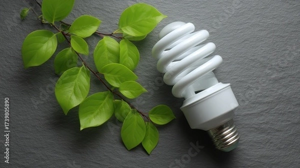 Fototapeta Energy-efficient light bulb with green leaves on a textured surface symbolizing sustainability and eco-friendly living