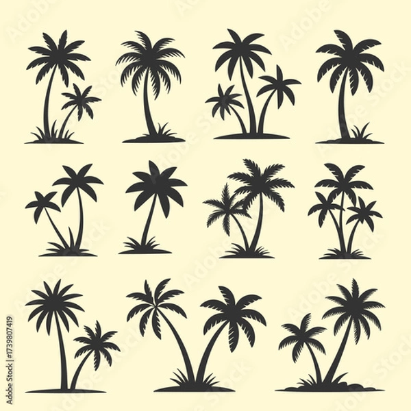 Fototapeta A collection of diverse tropical palm tree silhouettes rendered in a graphic and iconic style.