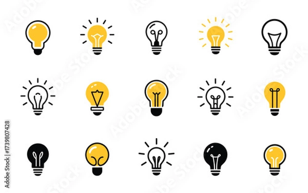 Fototapeta A diverse collection of yellow and black light bulb icons symbolizing ideas and innovation.