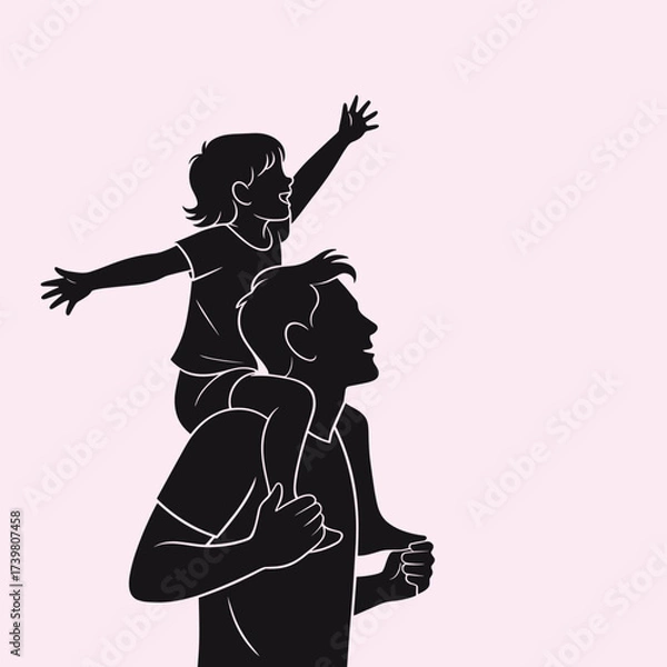 Fototapeta A joyful silhouette depicts a father carrying his daughter on his shoulders as she happily reaches upwards.
