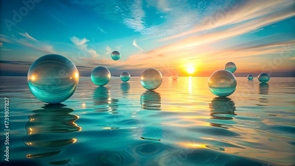 Fototapeta Sunset Reflections on a Turquoise Sea with Floating Bubble