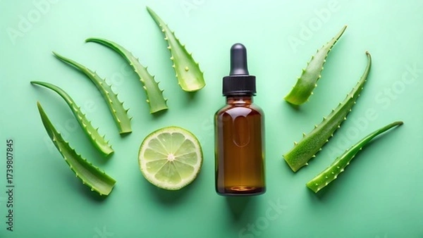 Fototapeta Top View of Dropper Bottle Beside Sliced Aloevera
